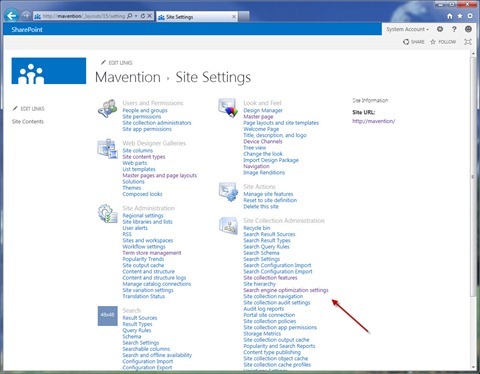 The ‘Search engine optimization settings’ link highlighted in Site Settings