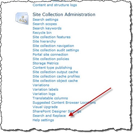 The ‘Search and Replace’ link highlighted on the Site Settings page