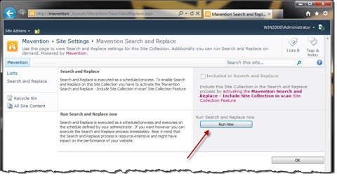 The ‘Run now’ button highlighted on the Search and Replace page