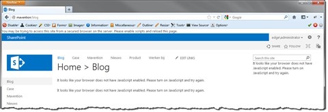 No content aggregation rendered with client-side Content Search Web Part rendering and JavaScript disabled