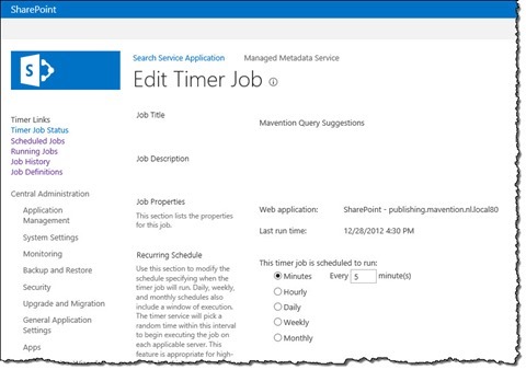 The details of the ‘Mavention Query Suggestions’ Timer Job in Central Administration