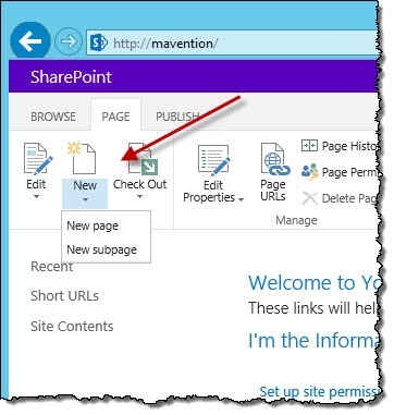 The ‘New’ button installed by Mavention New Publishing Page highlighted in the Ribbon