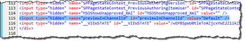 The ‘preview in channel id’ hidden field highlighted in the publishing page’s source