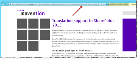 Publishing Page in the preview mode of the Preview Device Channel