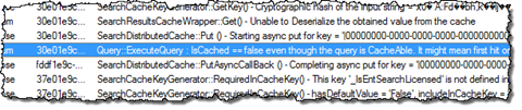 ULS log entry stating the first hit for a query and that its results are not present in cache