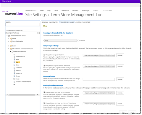 Category and Catalog Item pages configuration for a navigation term
