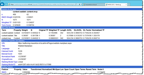 Rank details formatted using the ExplainRank.aspx page