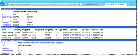Rank detail information of a catalog item displayed using Mavention Explain Rank