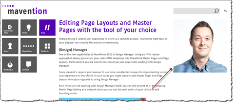 Arrow pointing to author information on a blog post on mavention.com