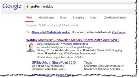 Search result from this blog with the authorship information displayed