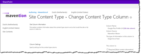 Configuration of the Google Plus Profile Url column in SharePoint 2013