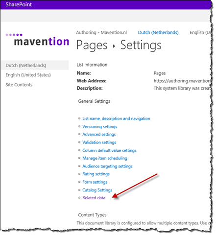 Related data link highlighted on the List Setting page