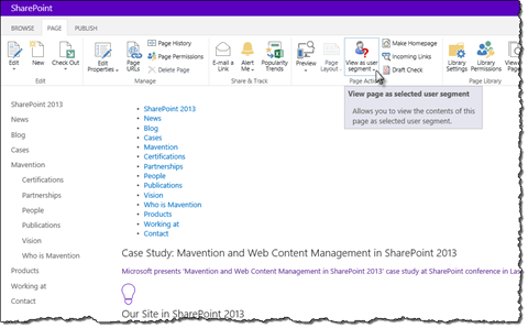 The ‘View as user segment’ drop-down list highlighted in the Ribbon