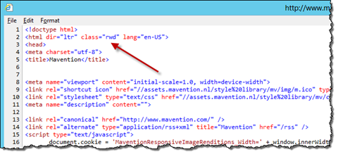 The rwd CSS class highlighted in the source of mavention.com