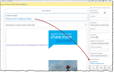 Configuring user segments on a Content Editor Web Part