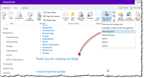 Previewing user segments for Web Parts using Mavention View as User Segment