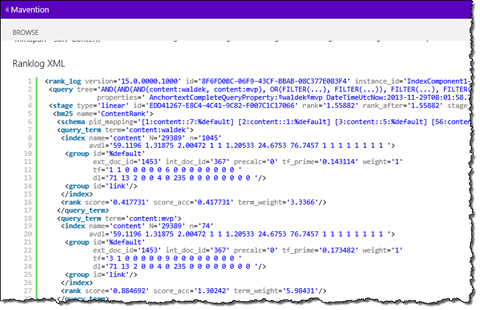 Ranklog XML formatted in the Mavention Explain Rank App