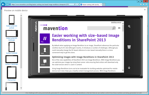 Previewing content on Nokia Lumia 920 with Mavention Mobile Preview