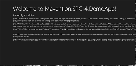 Overview of the 5 most recently modified pages on mavention.com displayed on the home page of the app
