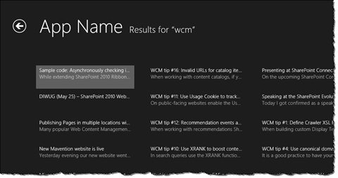 Search results for ‘wcm’ displayed in the app