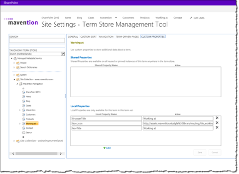 Custom properties set on the News Term in Managed Navigation of mavention.com