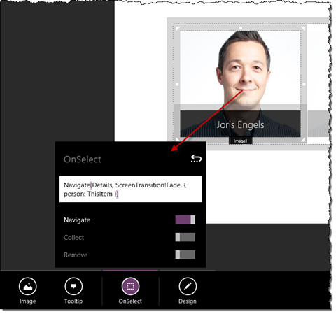 OnSelect event handler configured on the person’s image in the gallery
