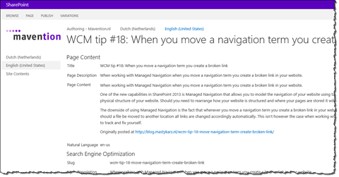 Authoring site for mavention.com using the standard SharePoint 2013 branding
