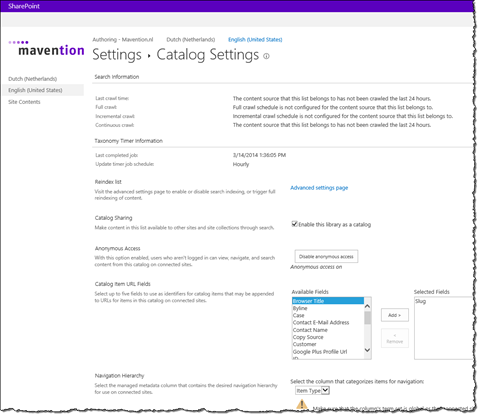 Catalog Settings page for a Pages Library on the authoring site on mavention.com