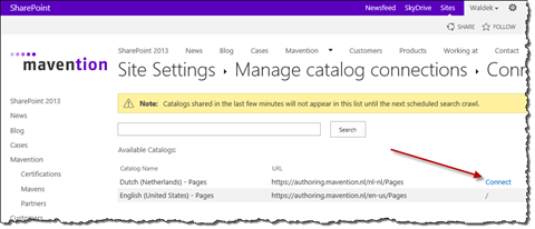 Connect link highlighted on the Connect to a catalog page
