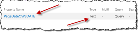 Automatically created Managed Property for a DateTime Site Column returns data of type Text