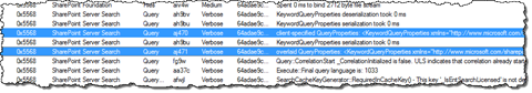 Two ULS log entries highlighted in ULS Viewer