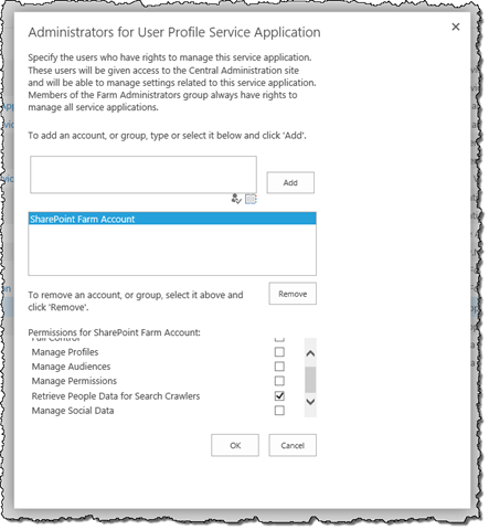 The ‘Retrieve People Data for Search Crawlers’ permission highlighted in the Administrators dialog