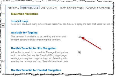 The ‘Available for Tagging’ option checked in the Term Set settings