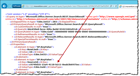 Arrow pointing between source ID parameter in the URL in the browser address bar and the source ID in the search results