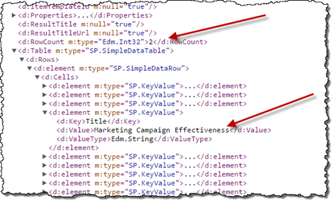 Arrows pointing to the number of results of the Office Graph and the title of the first document