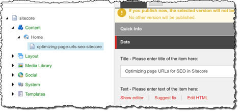 Page with slug generated by Mavention SEO Slugs highlighted in the content tree
