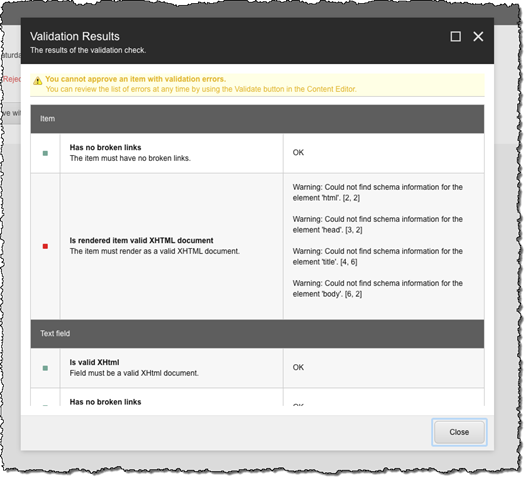 Error in the item approval process stating that the item isn’t XHTML compliant