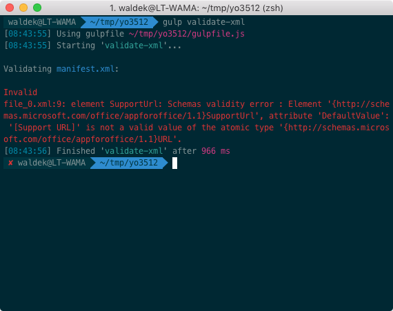 Add-in manifest validation error reported by the validate-xml Gulp task