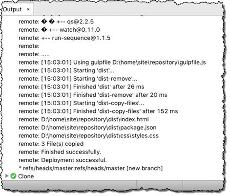 Detailed output listing the different steps of the custom deployment process