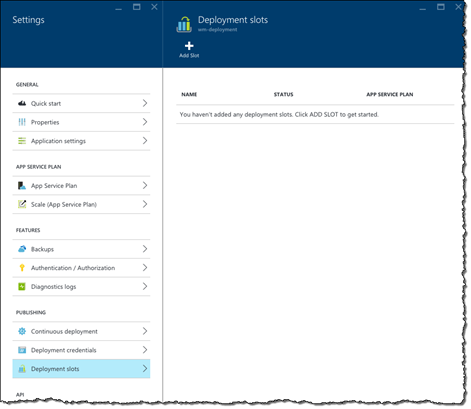 Deployment slots blade open in the Azure Management Portal