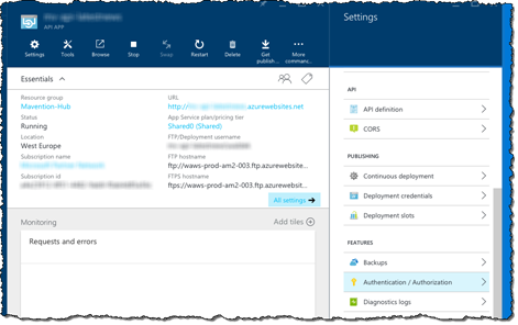 Authentication / Authorization option highlighted on the Settings blade of an Azure API App