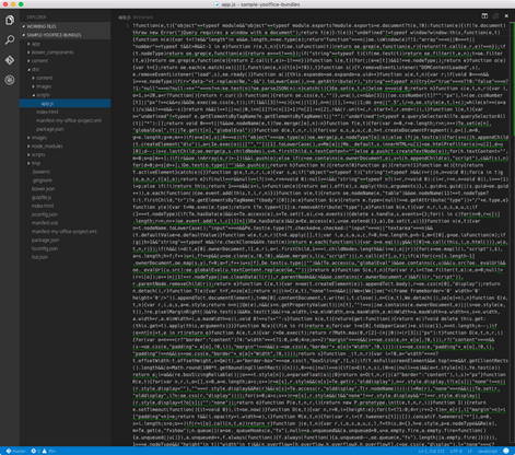 Minified content of JavaScript files of an Office Add-in generated using the Yeoman Office Generator