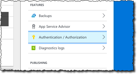 The 'Authentication / Authorization' option highlighted on the Settings blade in Azure