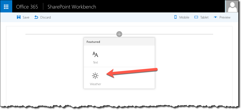 Weather Web Part using a custom icon displayed in the SharePoint Workbench Toolbox