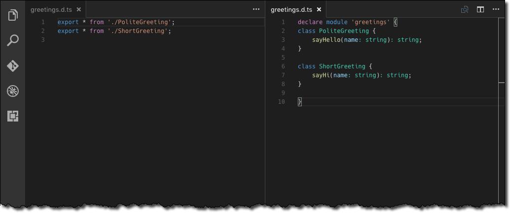 Auto-generated typings and manually created library typings displayed side-by-side in Visual Studio Code