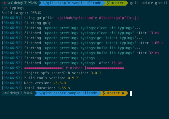 Output of the update-greetings-typings task in the command line