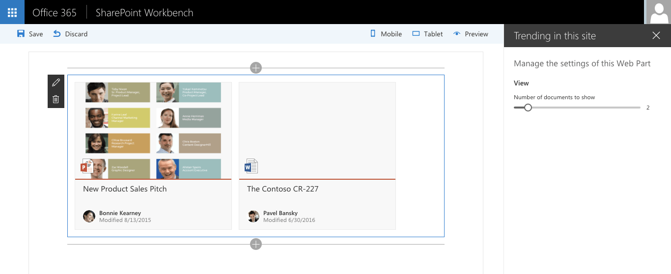 SharePoint Framework client-side web part showing documents trending in the current site