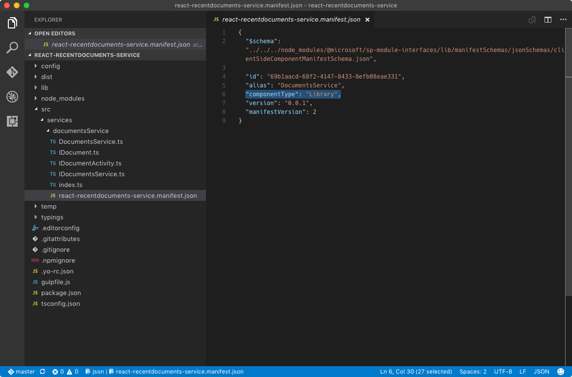 SharePoint Framework library manifest contents displayed in Visual Studio Code