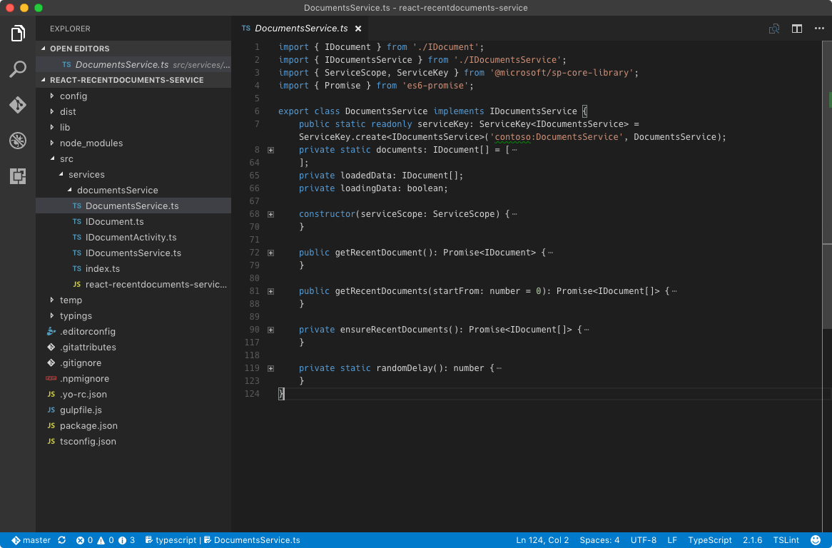 Documents service contents displayed in Visual Studio Code