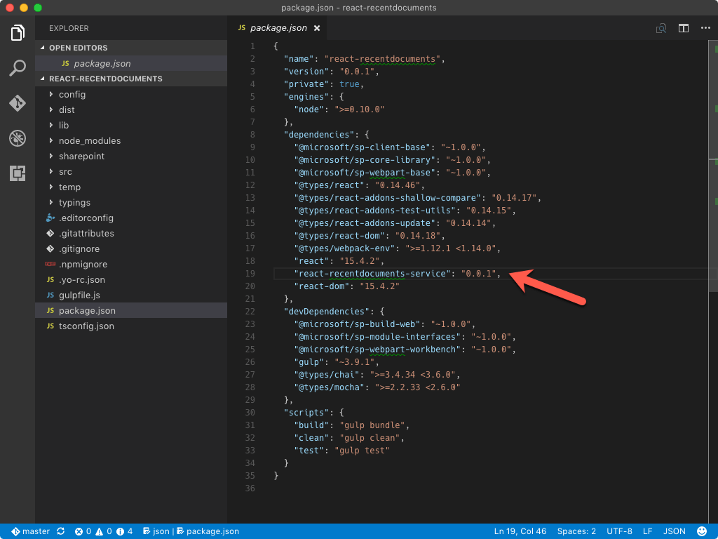 SharePoint Framework library dependency entry highlighted in the package.json file